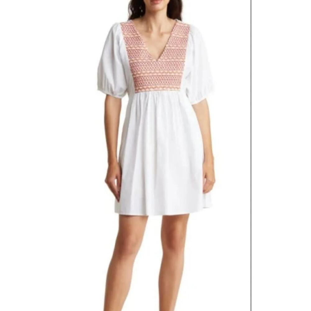 Madewell Embroidered Poplin V-Neck Mini Dress, Women's Size Small